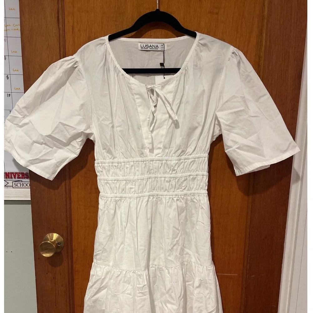 Lusana white cotton Tori maxi dress Large‎ tiered poplin resort vacation - Picture 6 of 9